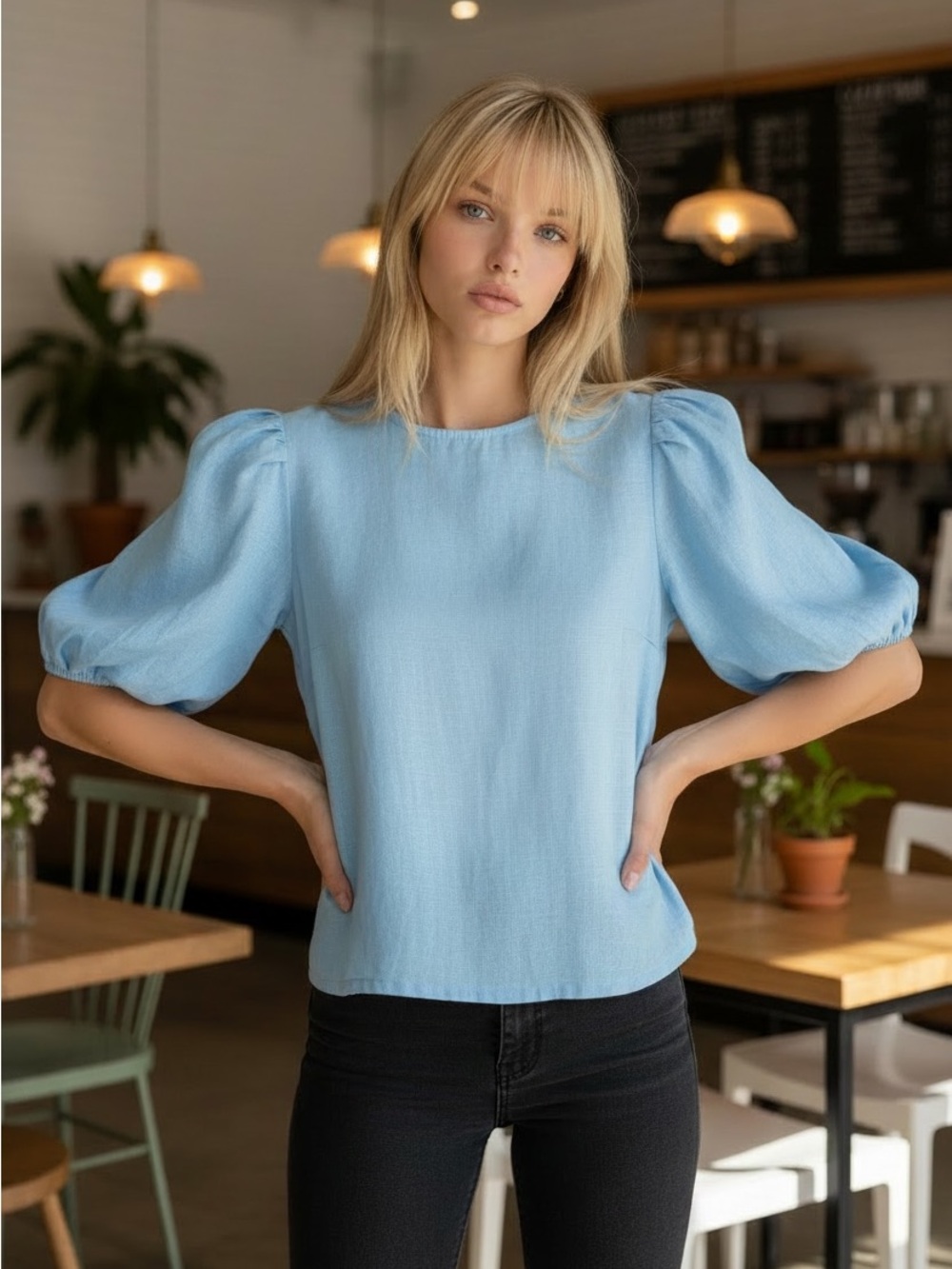 LOFT Sky Blue Cotton-Blend Short Sleeve Top